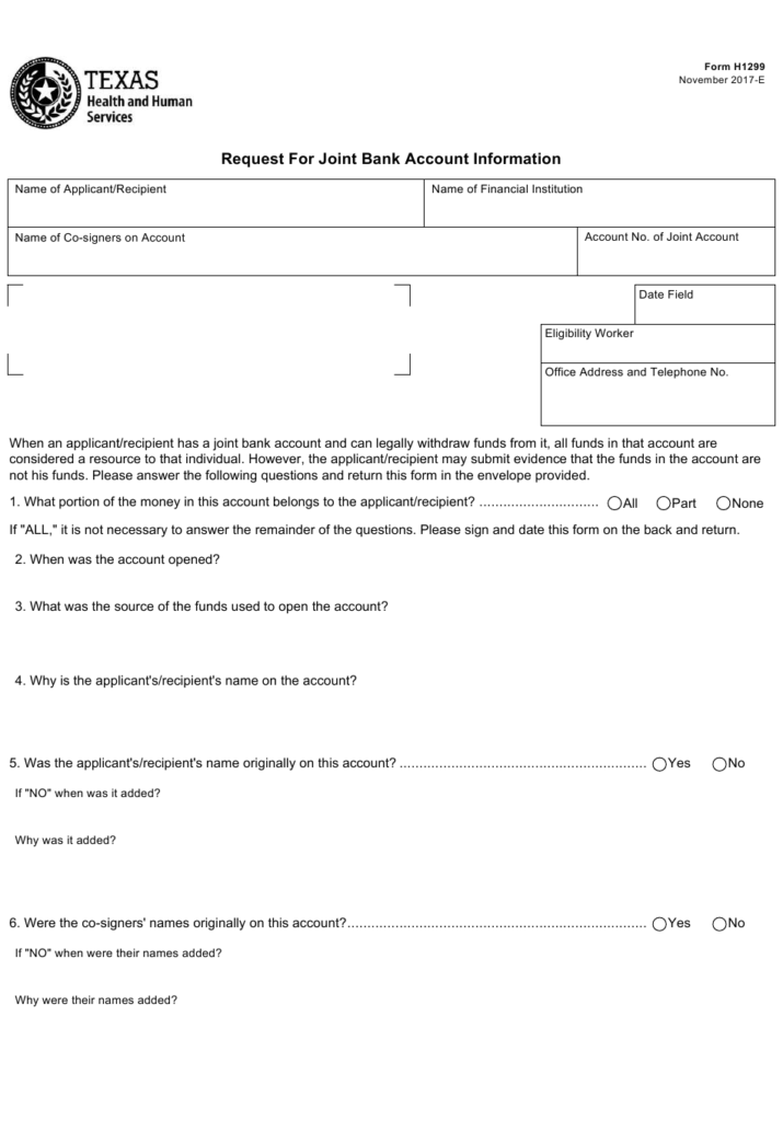 Form H1299 Download Fillable PDF Or Fill Online Request For Joint Bank 