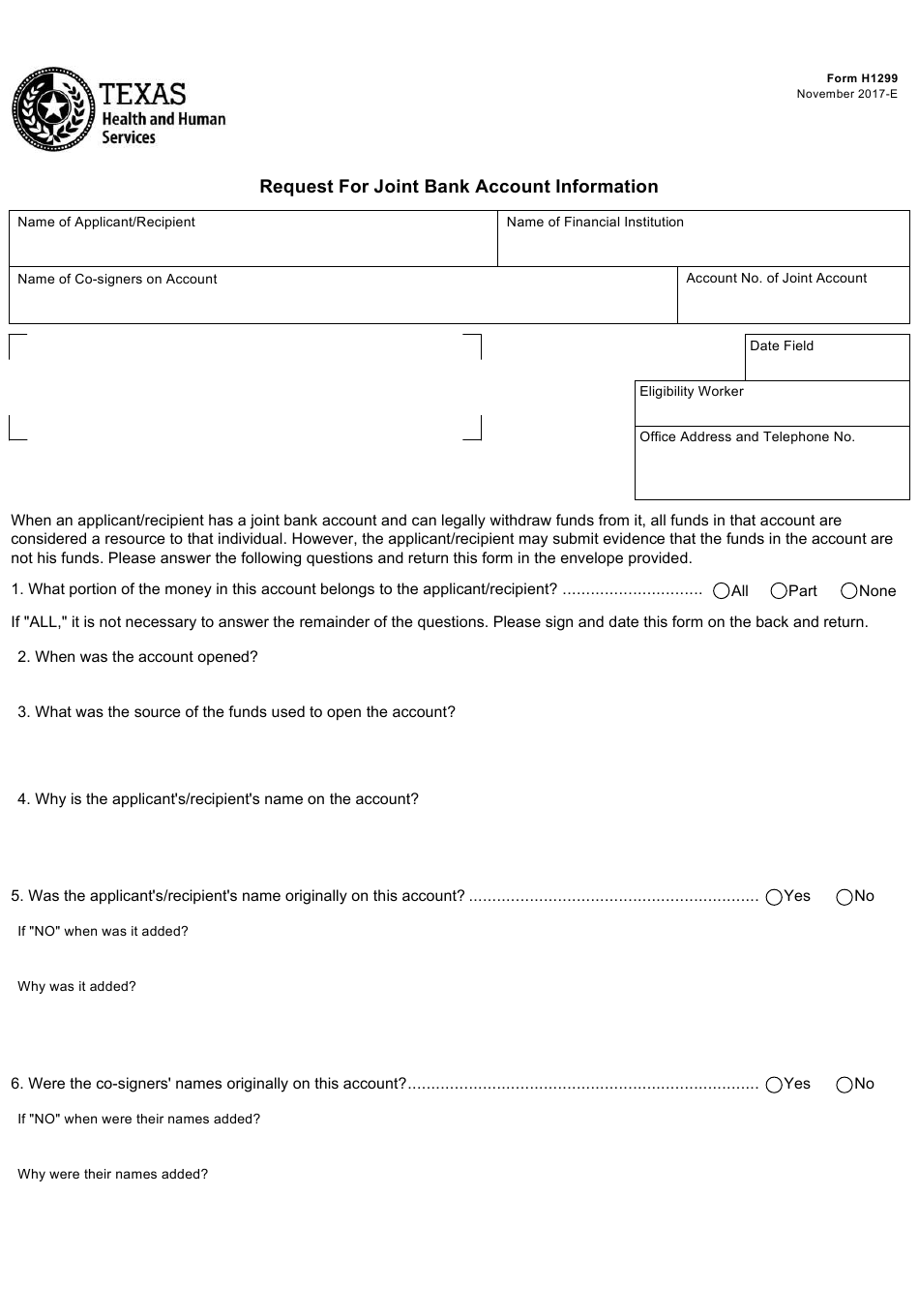 Form H1299 Download Fillable PDF Or Fill Online Request For Joint Bank 