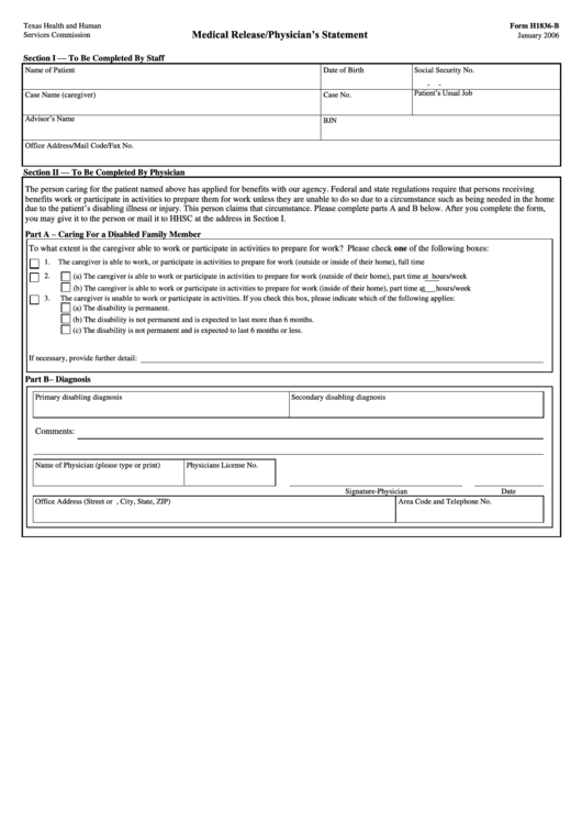 Form H1836 B Medical Release physician S Statement Texas Printable