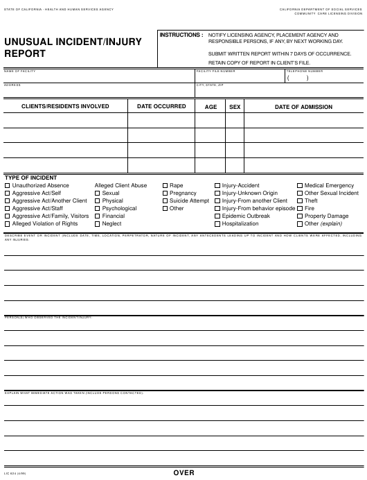 Form LIC 624 Download Fillable PDF Unusual Incident Injury Report 