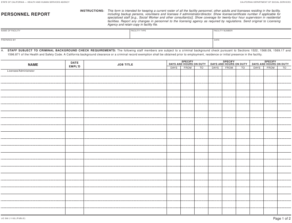 Form LIC500 Download Fillable PDF Or Fill Online Personnel Report 