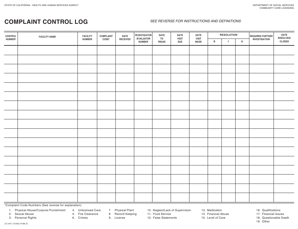 Form LIC957 Download Fillable PDF Or Fill Online Complaint Control Log 