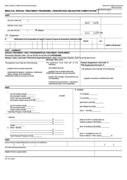 Form Mc 176 D Medi Cal Special Treatment Programs Percentage