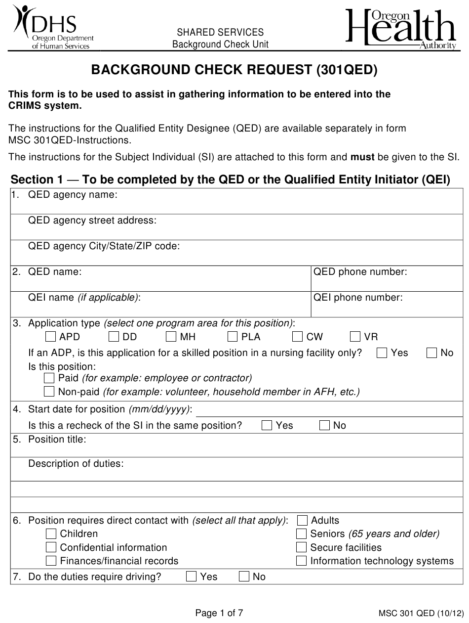 Form MSC301 QED Download Printable PDF Or Fill Online Background Check 