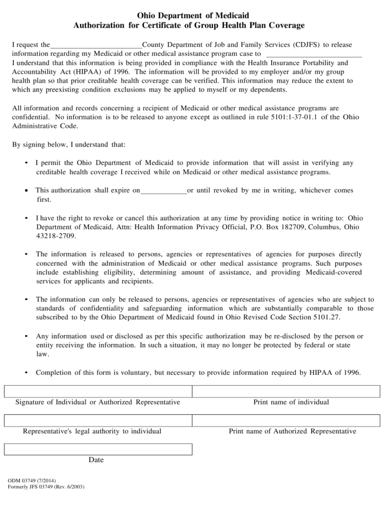 Form ODM03749 Download Printable PDF Or Fill Online Authorization For 