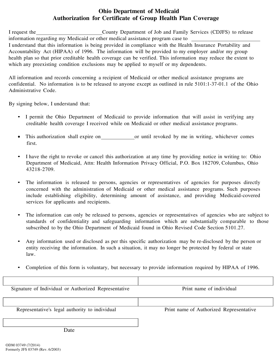 Form ODM03749 Download Printable PDF Or Fill Online Authorization For 