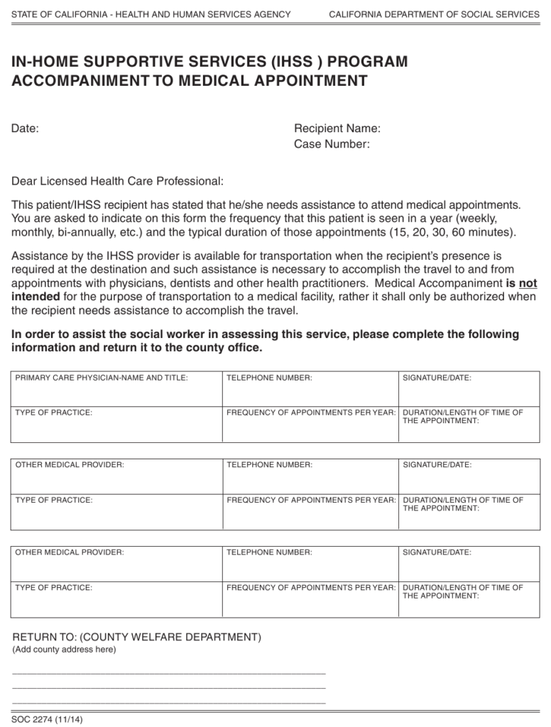 Form SOC2274 Download Printable PDF Or Fill Online In home Supportive