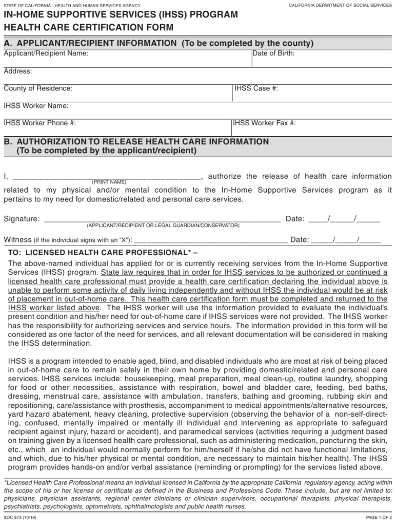 Form SOC873 Download Fillable PDF Or Fill Online In home Supportive 