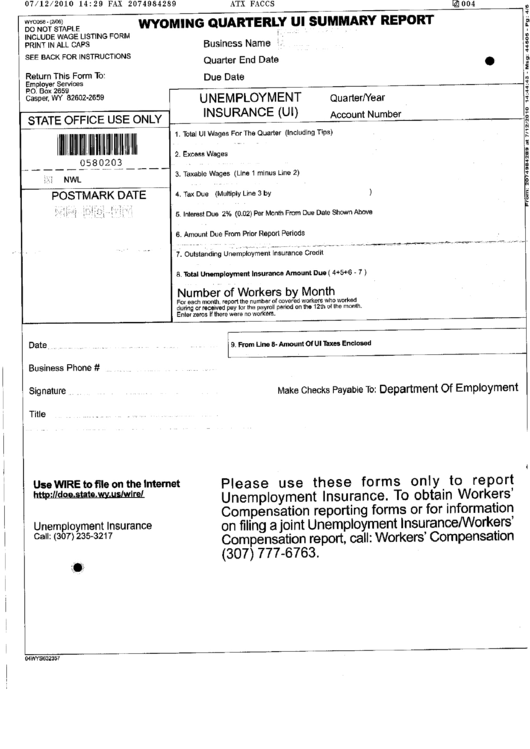 Form Wyo058 Wyoming Quarterly Ui Summary Report Department Of 