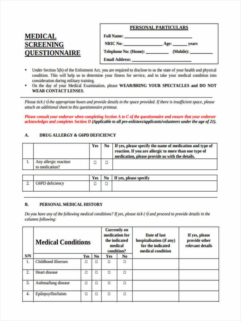 FREE 6 Medical Questionnaire Forms In PDF Ms Word