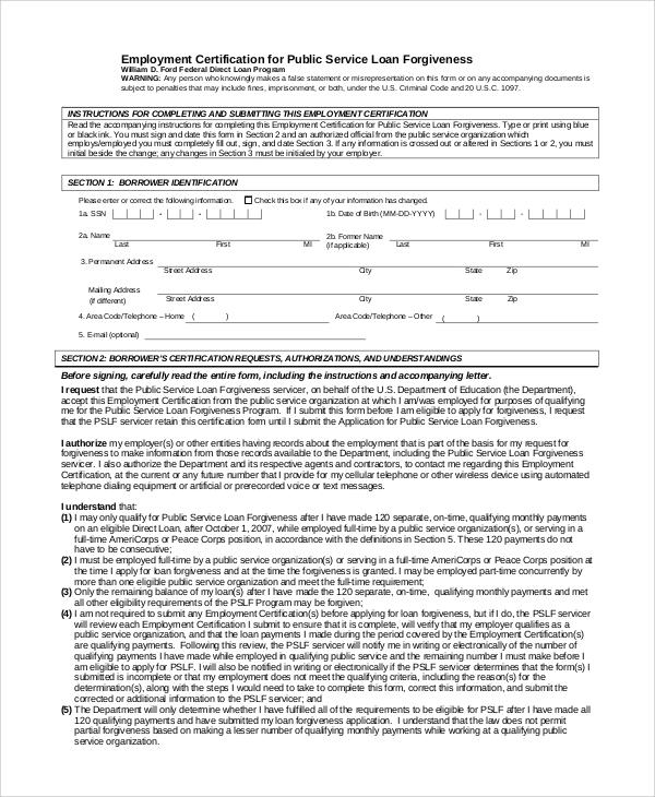 FREE 6 Sample Public Service Loan Forgiveness Forms In PDF