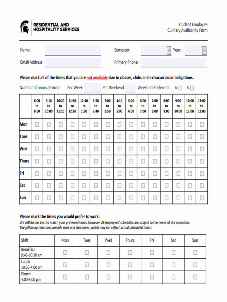 FREE 7 Employee Availability Forms In PDF MS Word