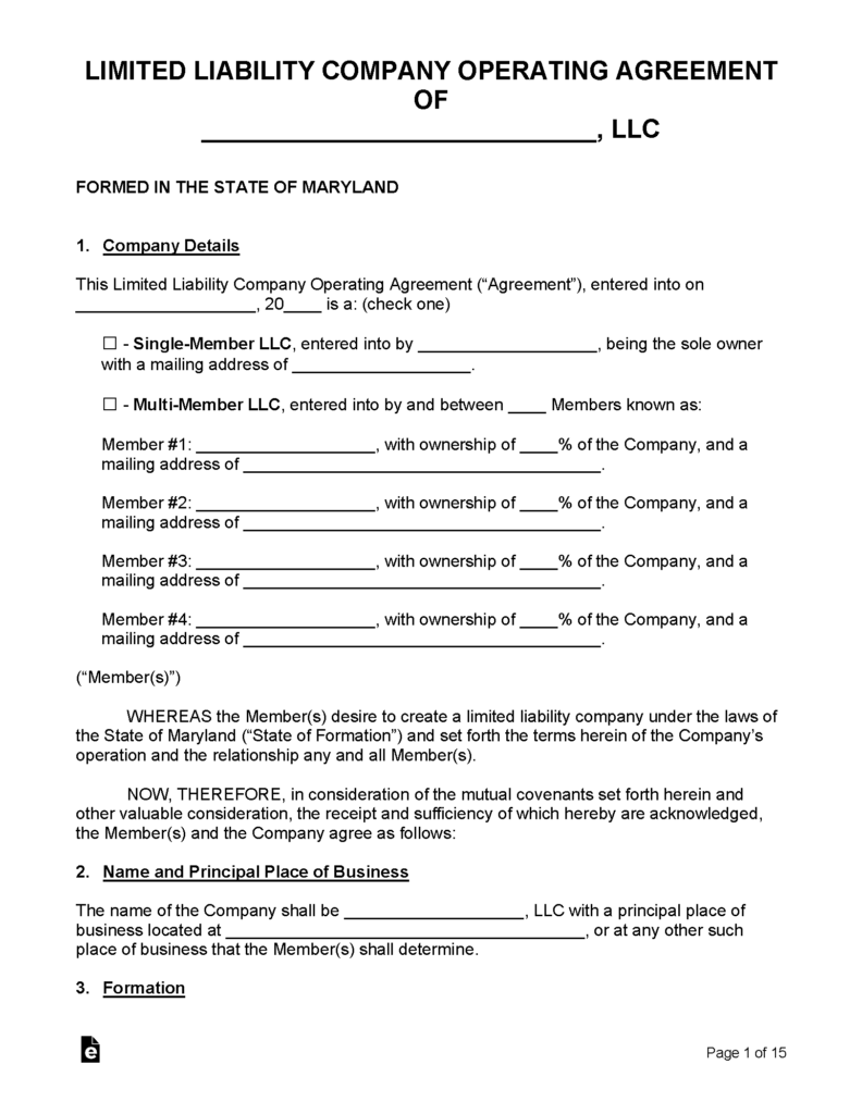 Free Maryland LLC Operating Agreement Templates PDF Word EForms