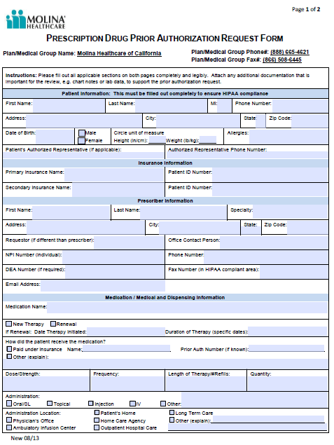 Free Molina Healthcare Prior Prescription Rx Authorization Form PDF