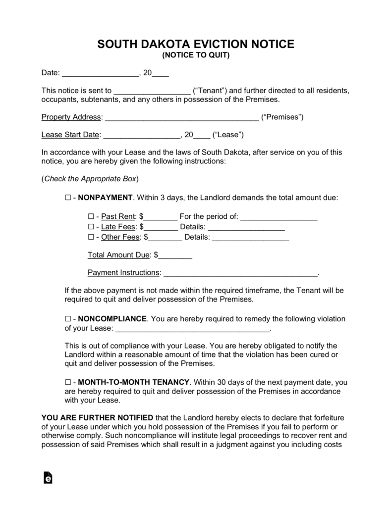 Free South Dakota Eviction Notice Forms Process And Laws PDF Word