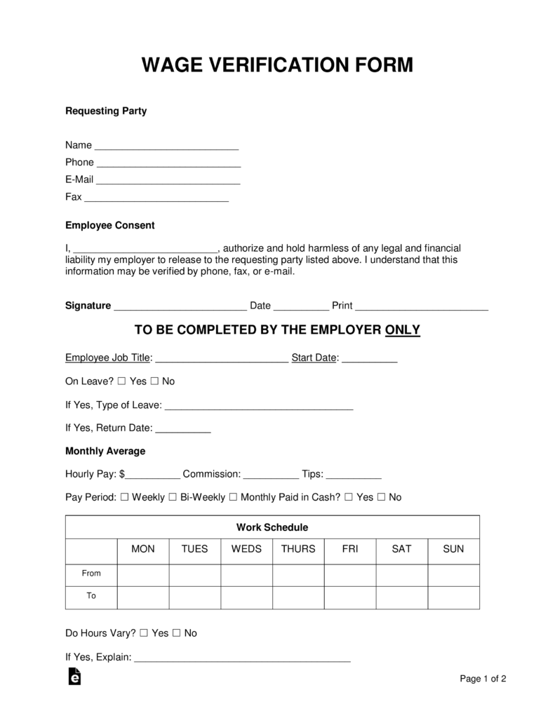 Free Wage Verification Form PDF Word EForms