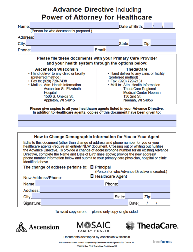 Free Wisconsin Advance Directive Form Medical POA Living Will PDF