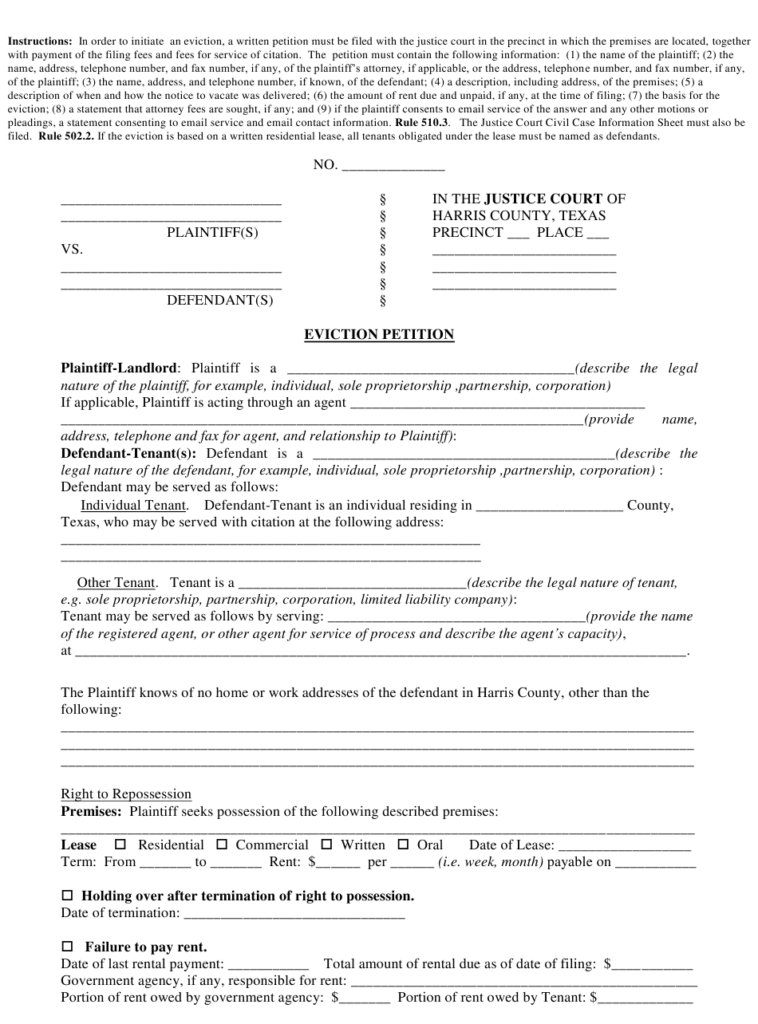 Harris County Texas Eviction Petition Form Download Printable PDF 