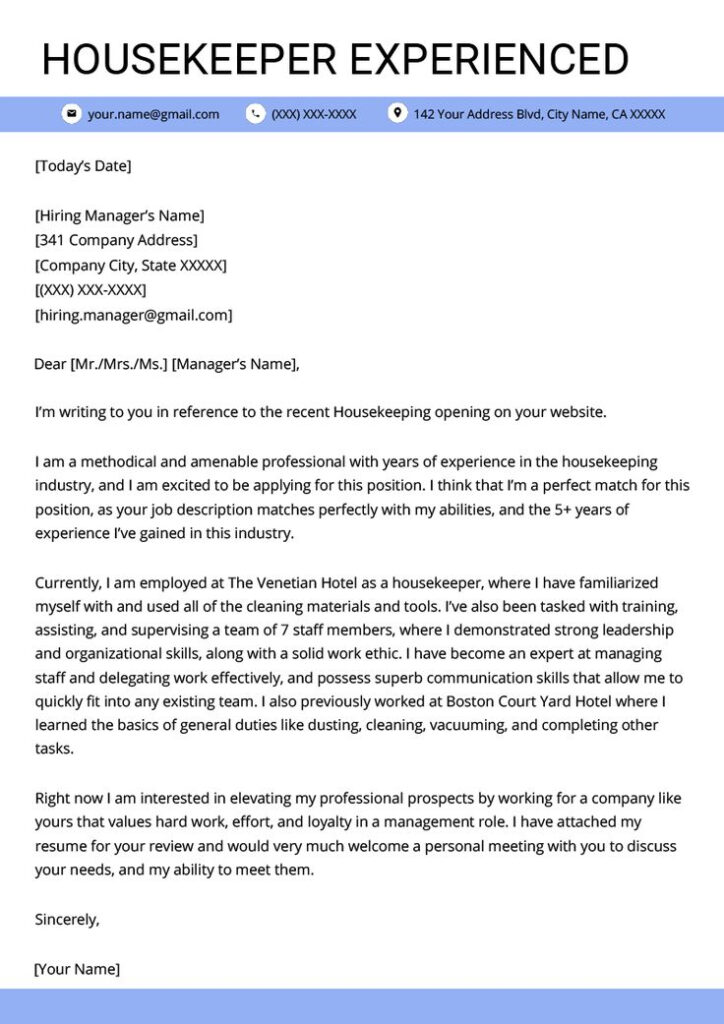 Housekeeper Experienced Cover Letter Example Template RG Cover