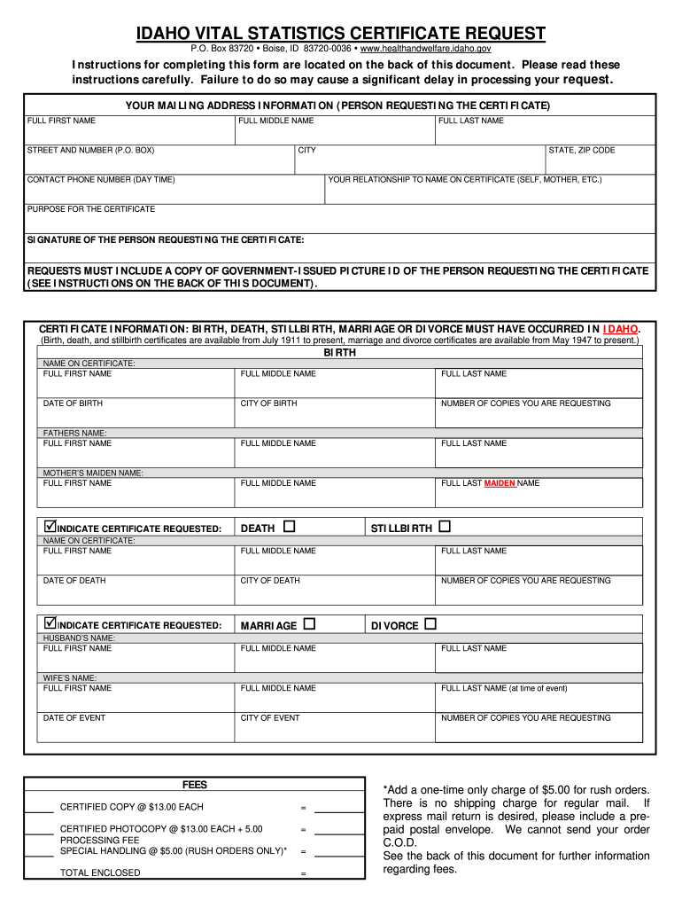 Idaho Birth Certificate Fill Online Printable Fillable Blank 