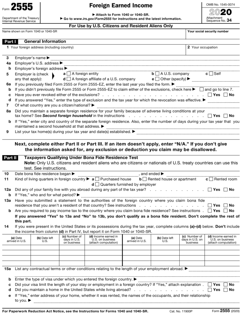 IRS Form 2555 Download Fillable PDF Or Fill Online Foreign Earned