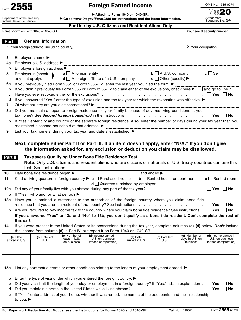 IRS Form 2555 Download Fillable PDF Or Fill Online Foreign Earned 