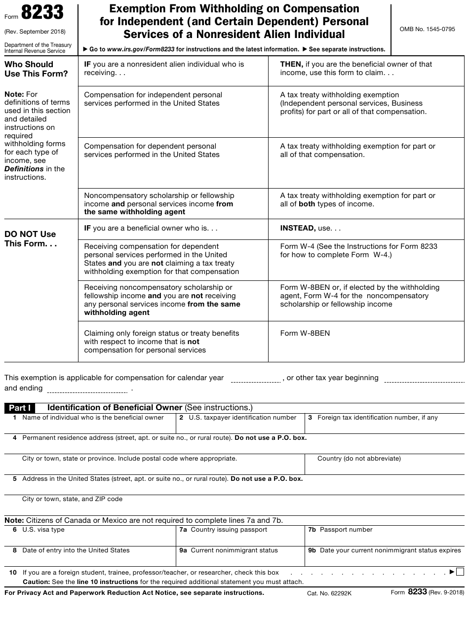 IRS Form 8233 Download Fillable PDF Or Fill Online Exemption From 