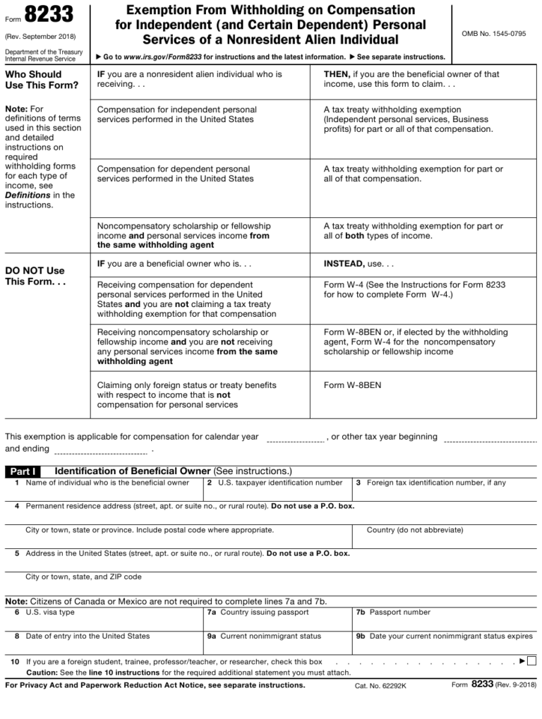 IRS Form 8233 Download Fillable PDF Or Fill Online Exemption From ...