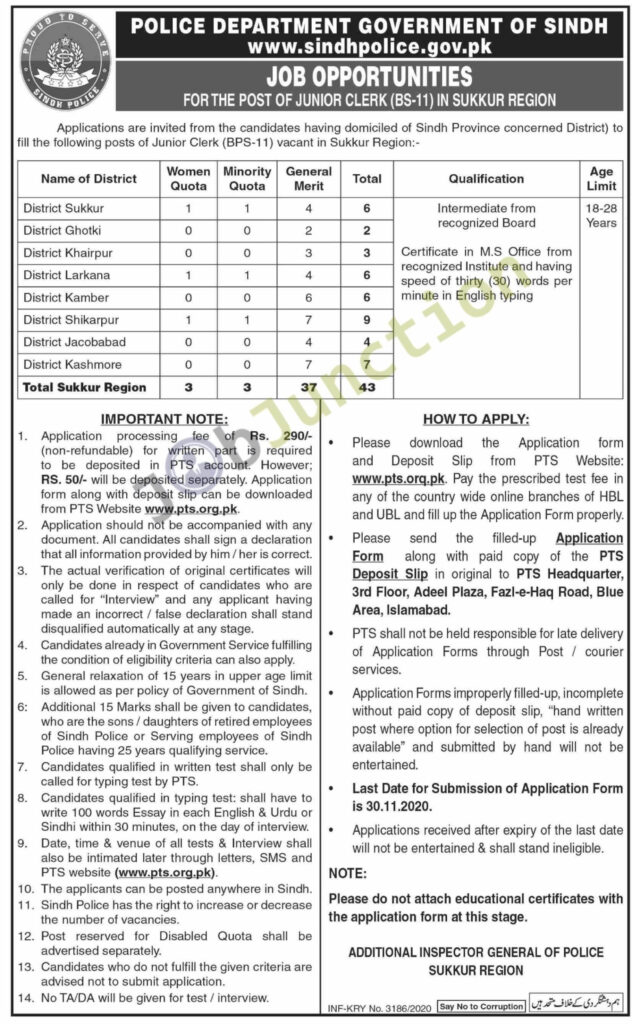 Junior Clerk Jobs In Police Department Government Of Sindh Via PTS