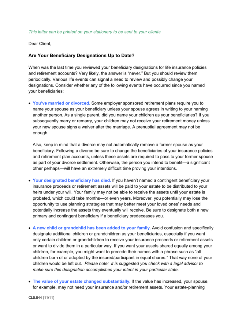 Life Insurance Letter To Beneficiary