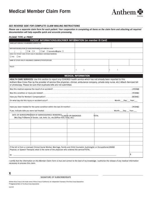 Medical Member Claim Form Blue Cross California Printable Pdf Download