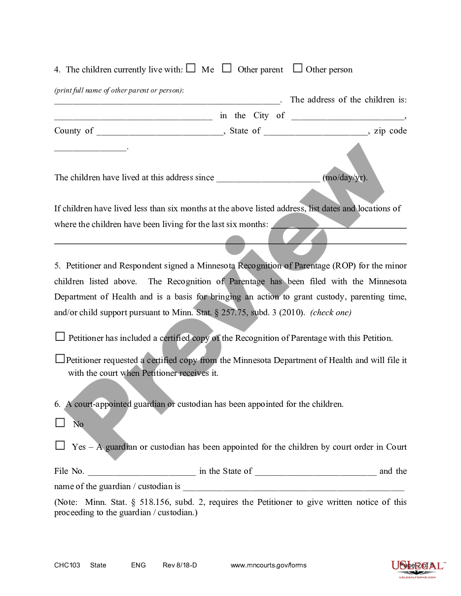 Minnesota Affidavit In Support Of Motion To Establish Custody And 