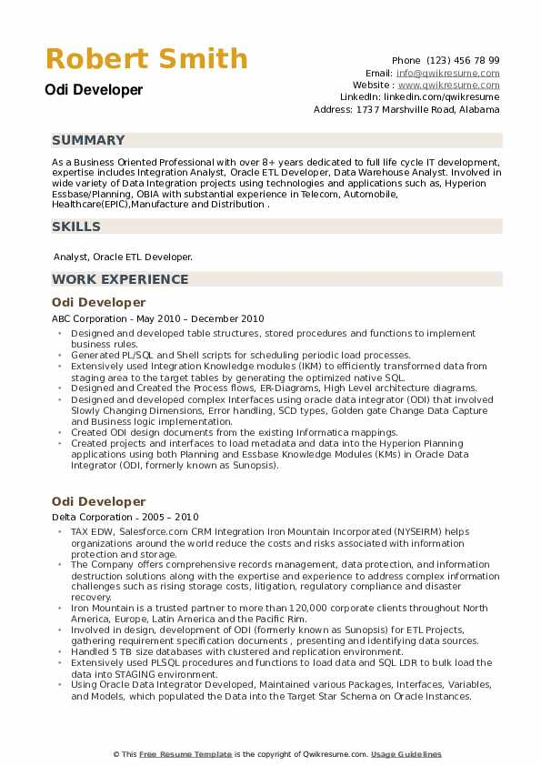 ODI Developer Resume Samples QwikResume