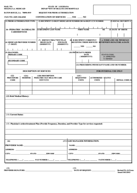 Prior Authorization Form Pa 16 Molina La Medicaid Printable Pdf 