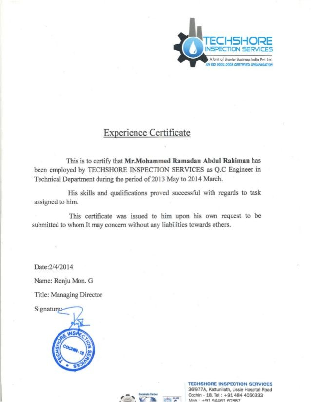 Q C Engineer Experience Certificate From Techshore Work Reference 