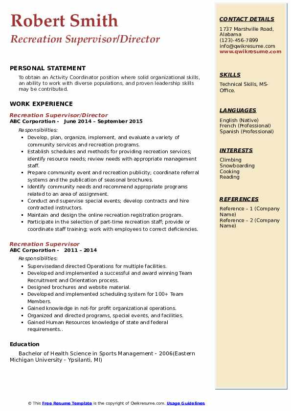 Recreation Supervisor Resume Samples QwikResume