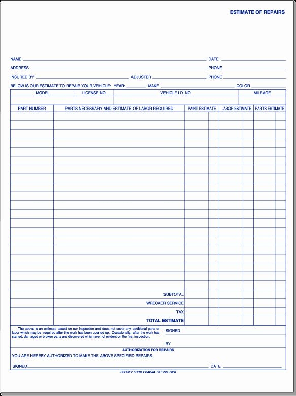 Repair Estimate Form Template Free Beautiful Free Printable Auto Body 