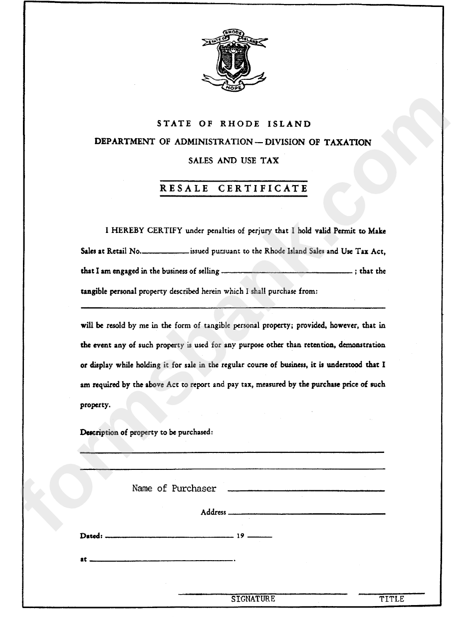 Resale Certificate Form Rhode Island Printable Pdf Download