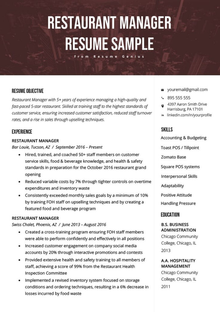 Restaurant Manager Resume Sample Tips Resume Genius Restaurant