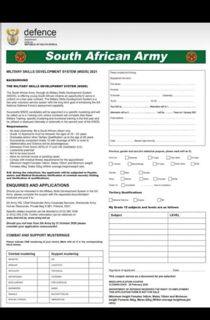 SA Army Military Skills Development System MSDS 2021 StudentRoom co za