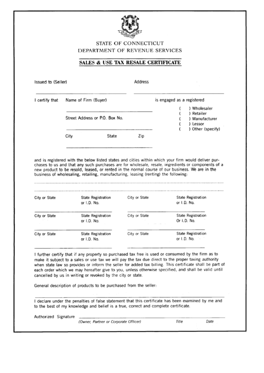 Sales And Use Tax Resale Certificate Connecticut Department Of