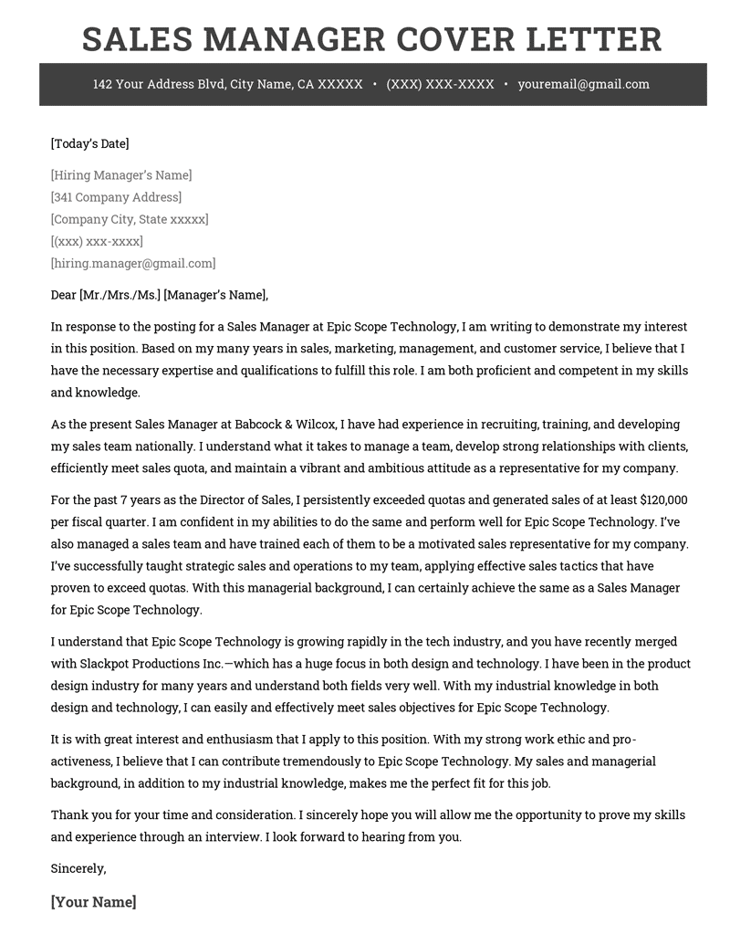 Sales Manager Cover Letter Sample Free Download