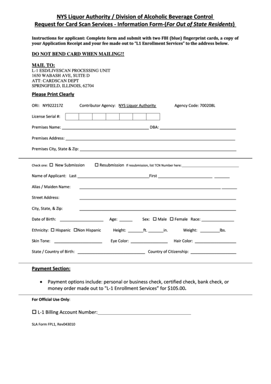 Sla Form Fpl1 Request Form For Fingerprinting Services Out Of State 