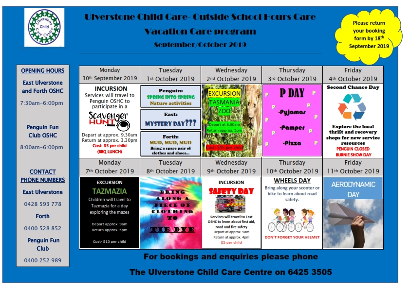 ULVERSTONE CHILD CARE CENTRE OCTOBER VACATION CARE PROGRAM Central 