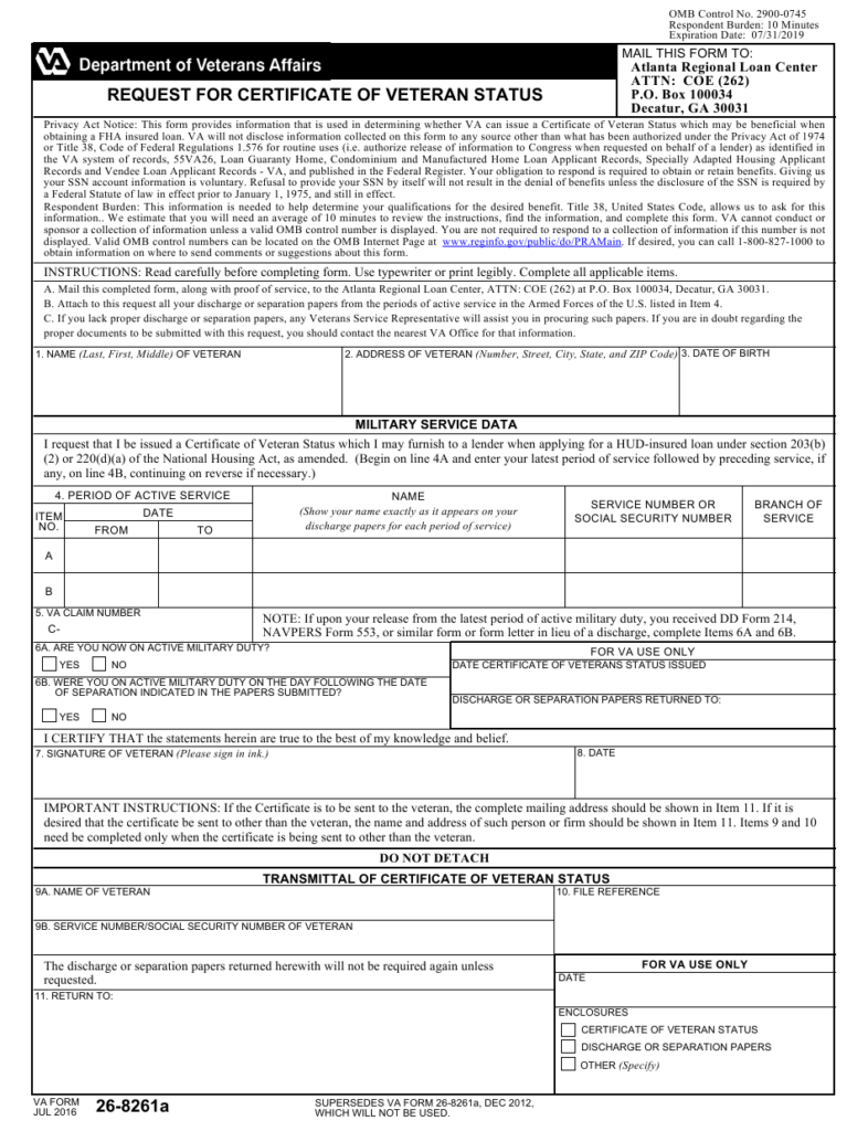 VA Form 26 8261A Download Fillable PDF Or Fill Online Request For 