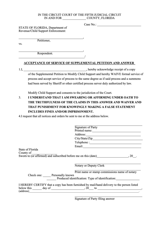 Waiver Of Service And Answer Form Florida Printable Pdf Download