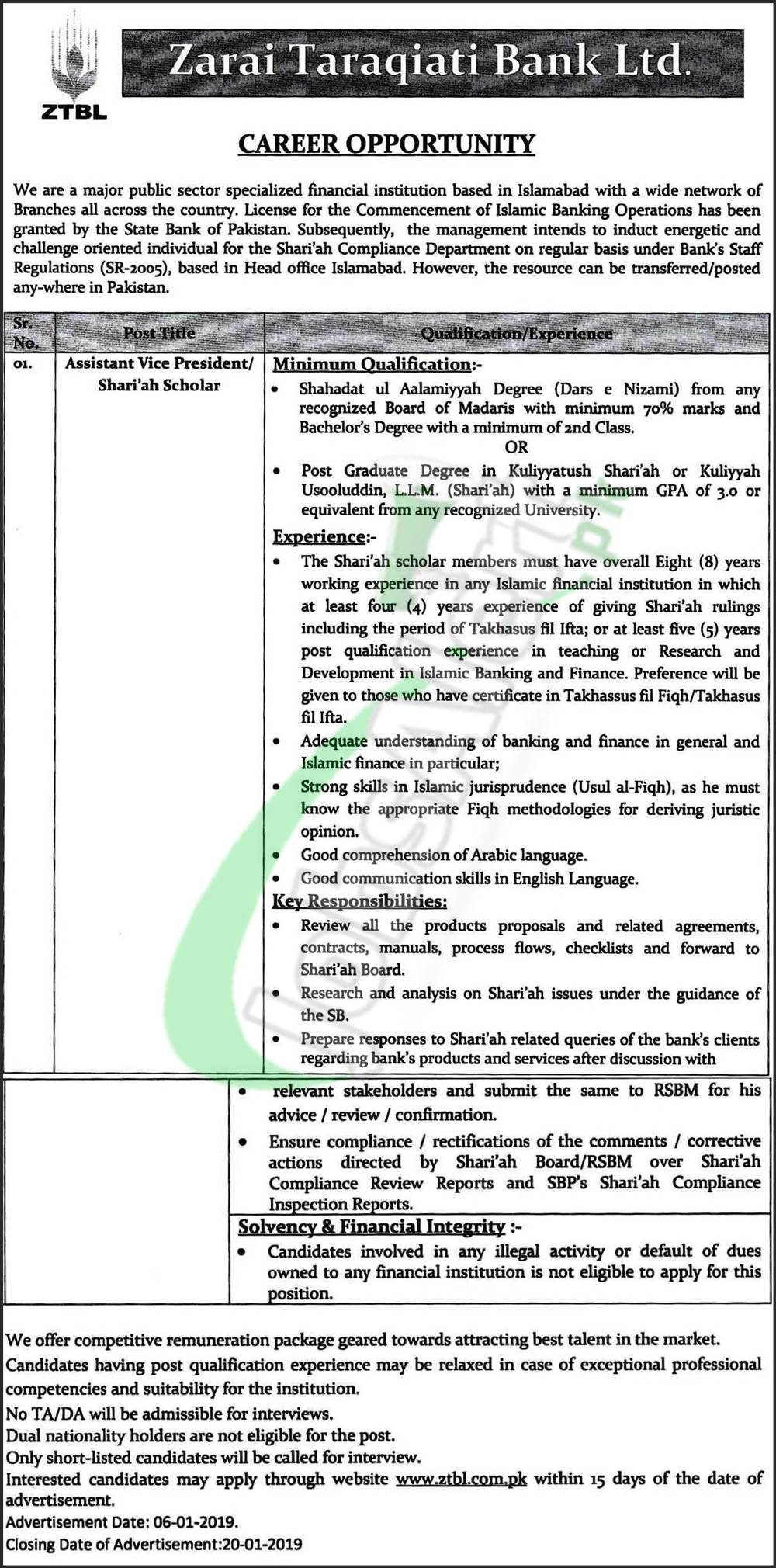 ZTBL Jobs 2019 For Assistant Vice President Shari ah Scholar Latest